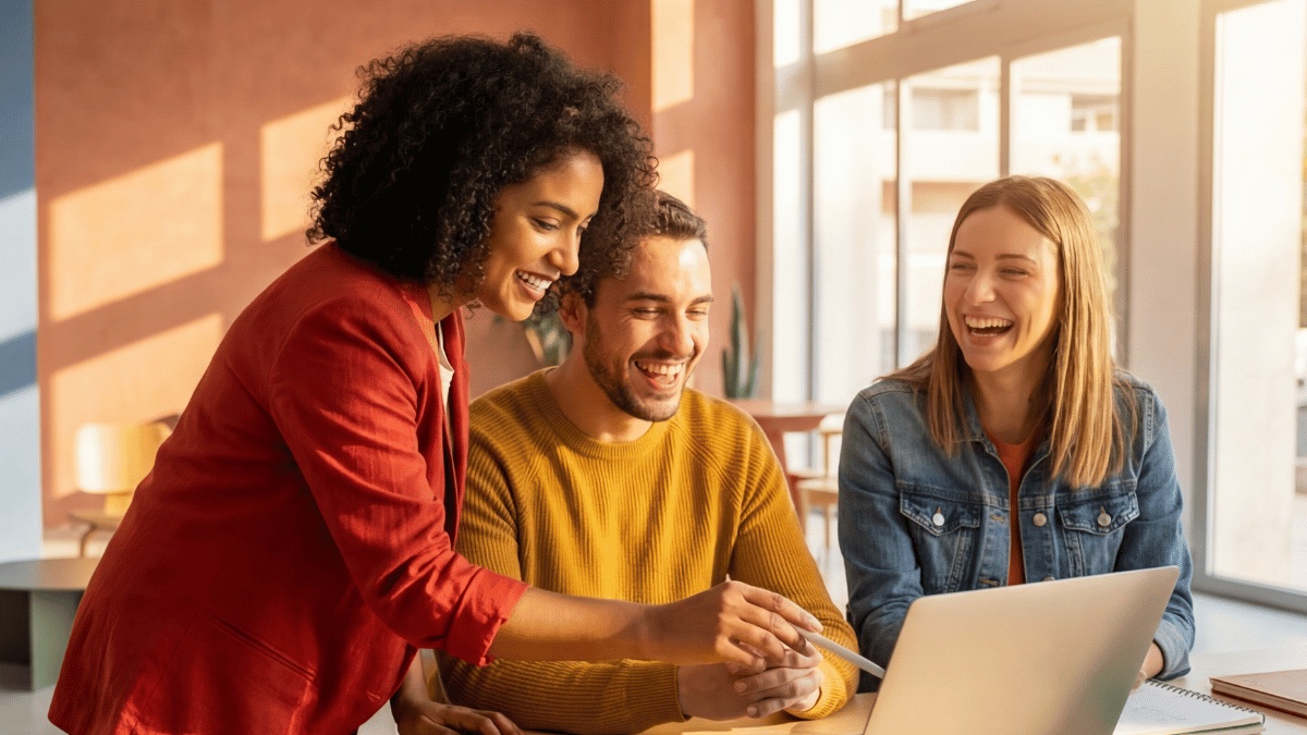 Three colleagues laughing together around a laptop in a warm, sunlit office